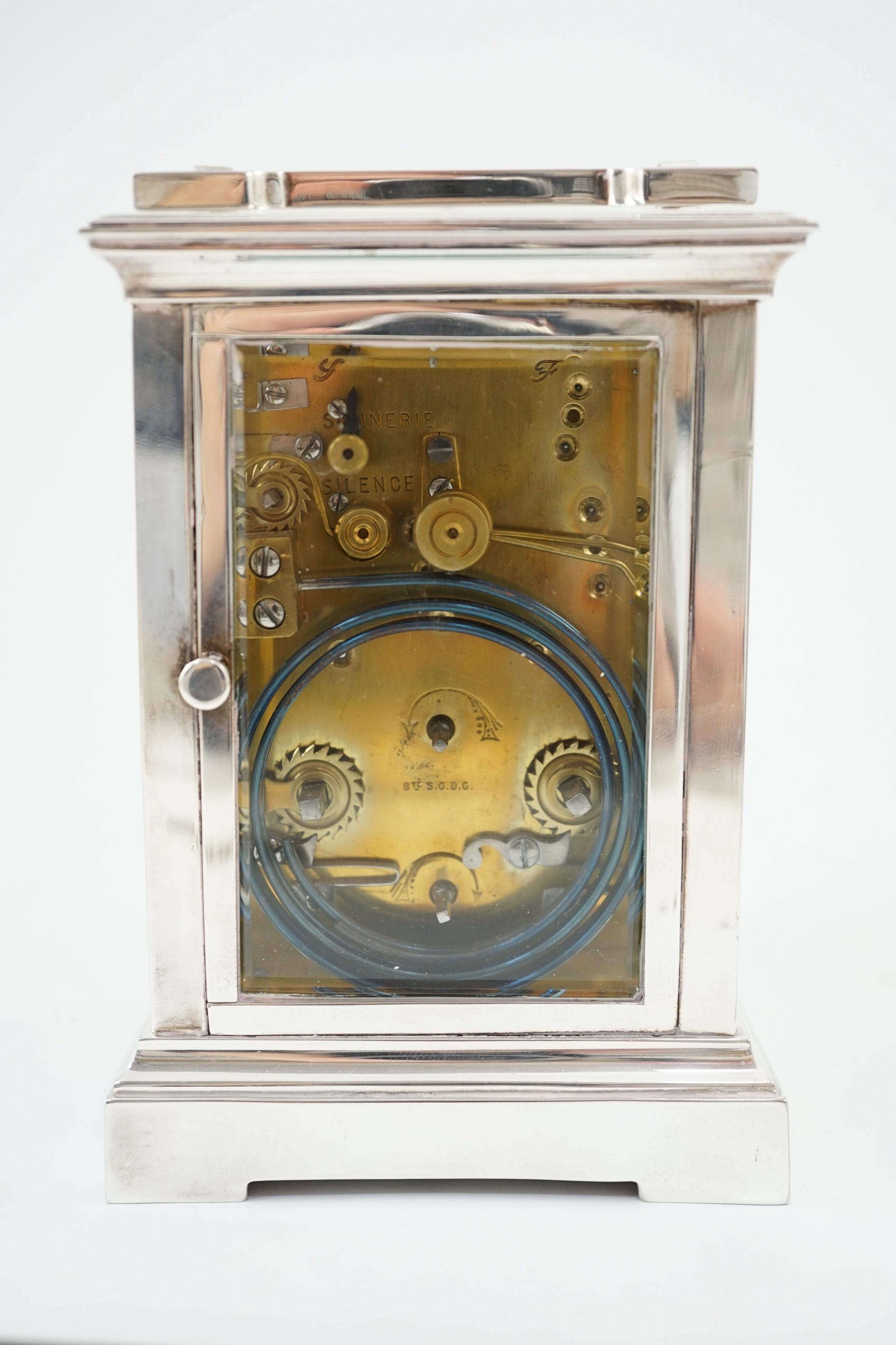 An early 20th century silver plated sonnerie carriage clock, width 9.5cm depth 8cm height 15cm